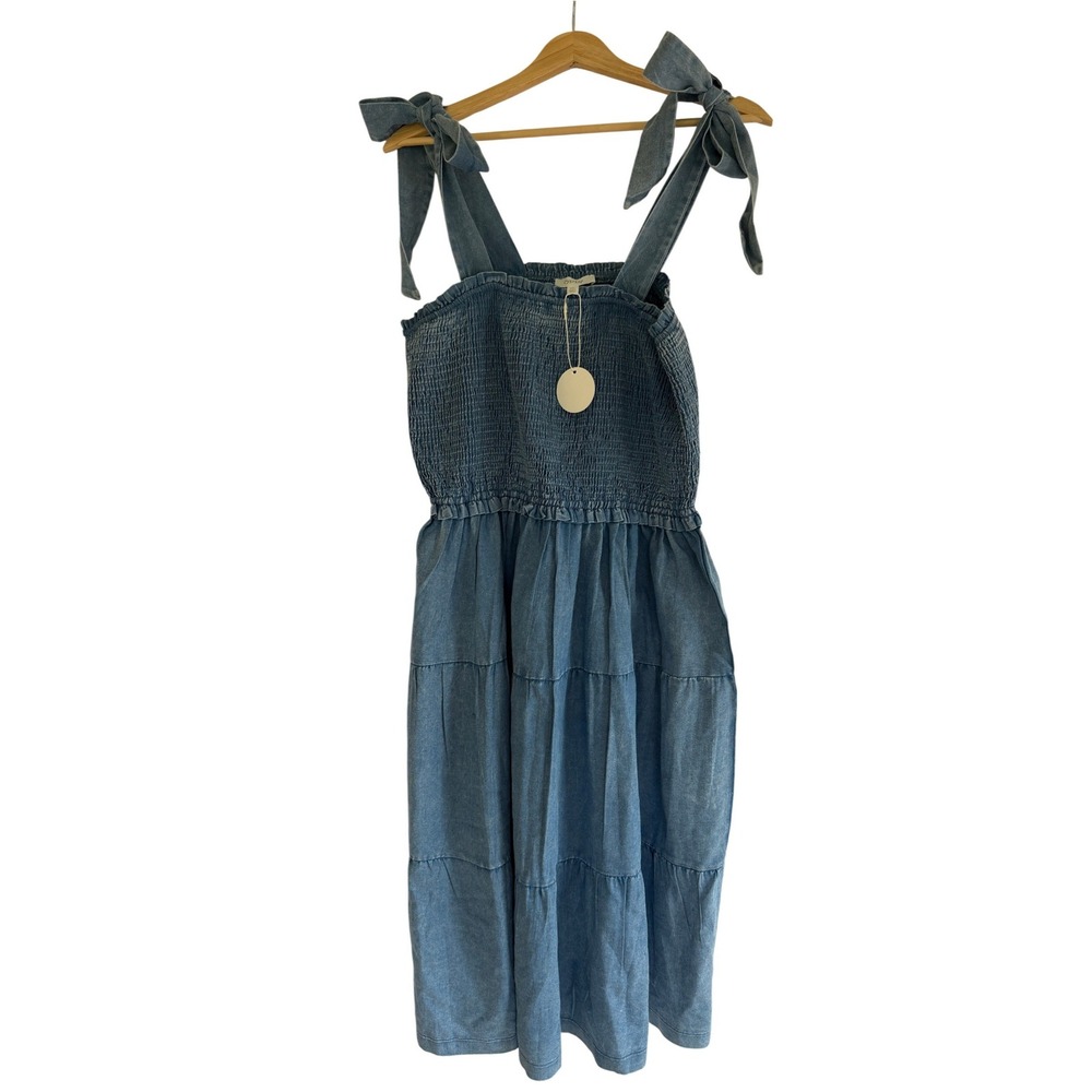 Oddi Women Blue Chambray Smocked Tiered Midi Dress Tie Straps 1XL ID14868P NEW